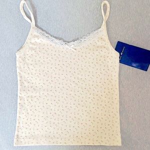 Brandy Melville Rose Pink & Green Floral Lace Ribbon Trim Cami Tank Top NWT